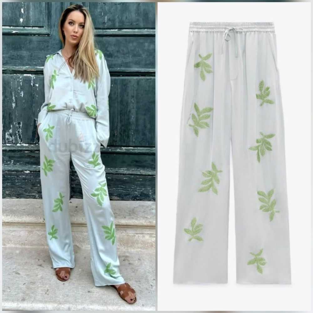 ZARA Set 2 pc Embroided Beaded Leaf Wide Satin Pants and Top size S - Picture 3 of 14
